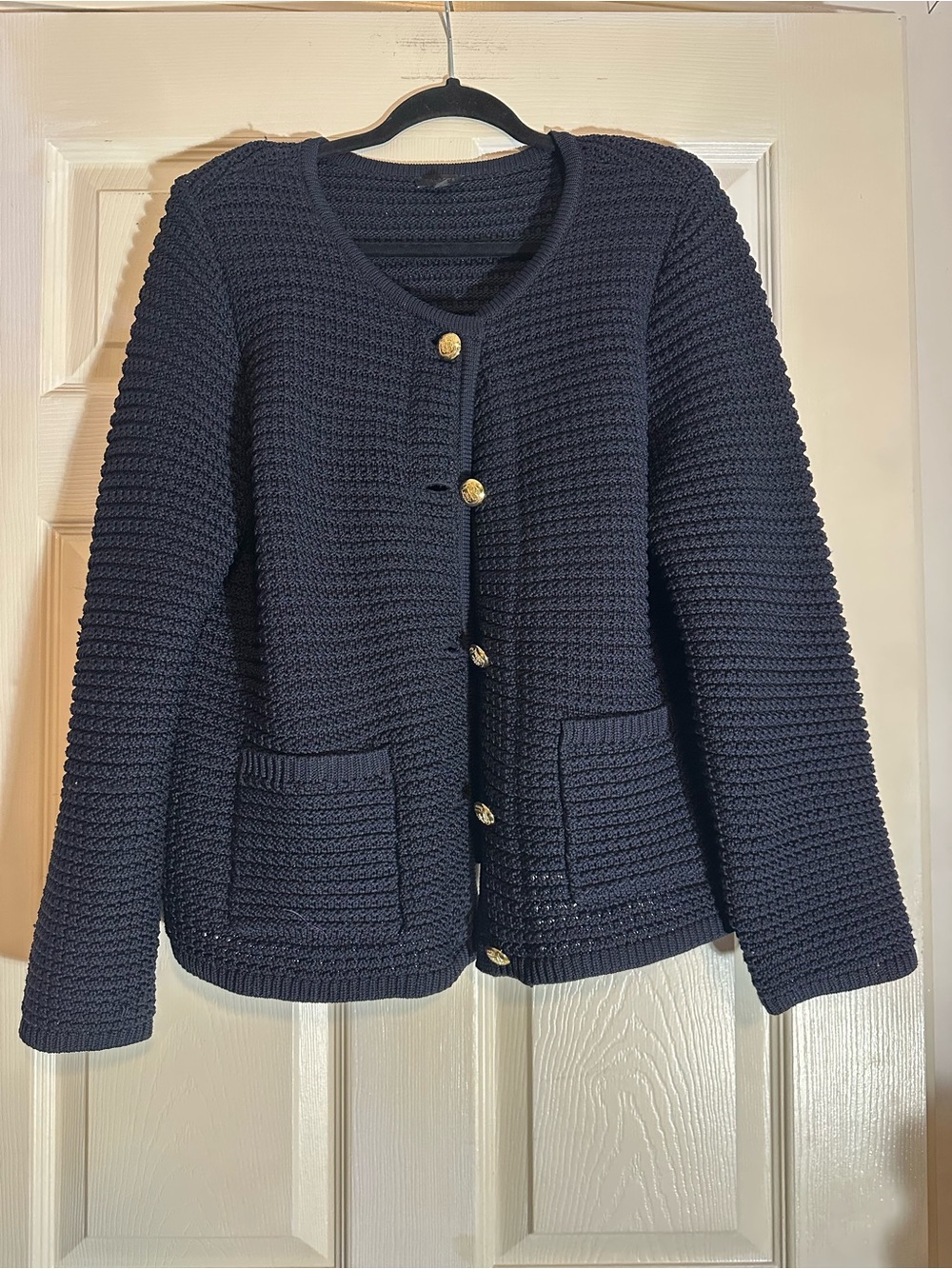 Talbots Navy Textured Knit Blazer with Gold Buttons